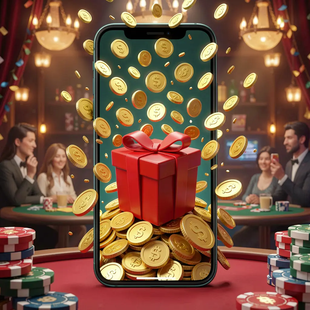 VELOWIN88 mobile casino bonus app concept showing a phone screen with a gift box and coins bursting out in a festive casino atmosphere