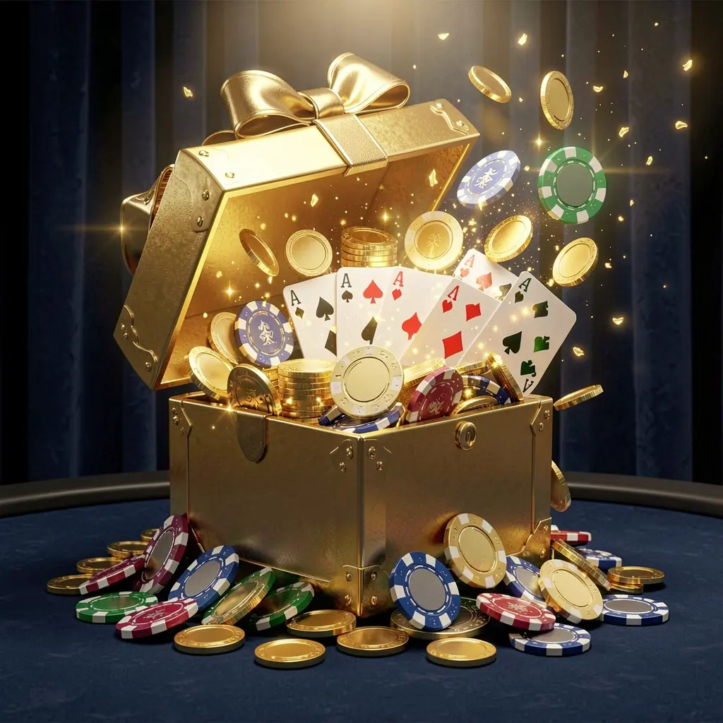 A luxurious welcome bonus scene for VELOWIN88 online casino featuring an open golden gift box with casino chips, playing cards, and sparkling coins bursting out against a premium dark blue and black background with a bright golden glow in an elegant festive mood