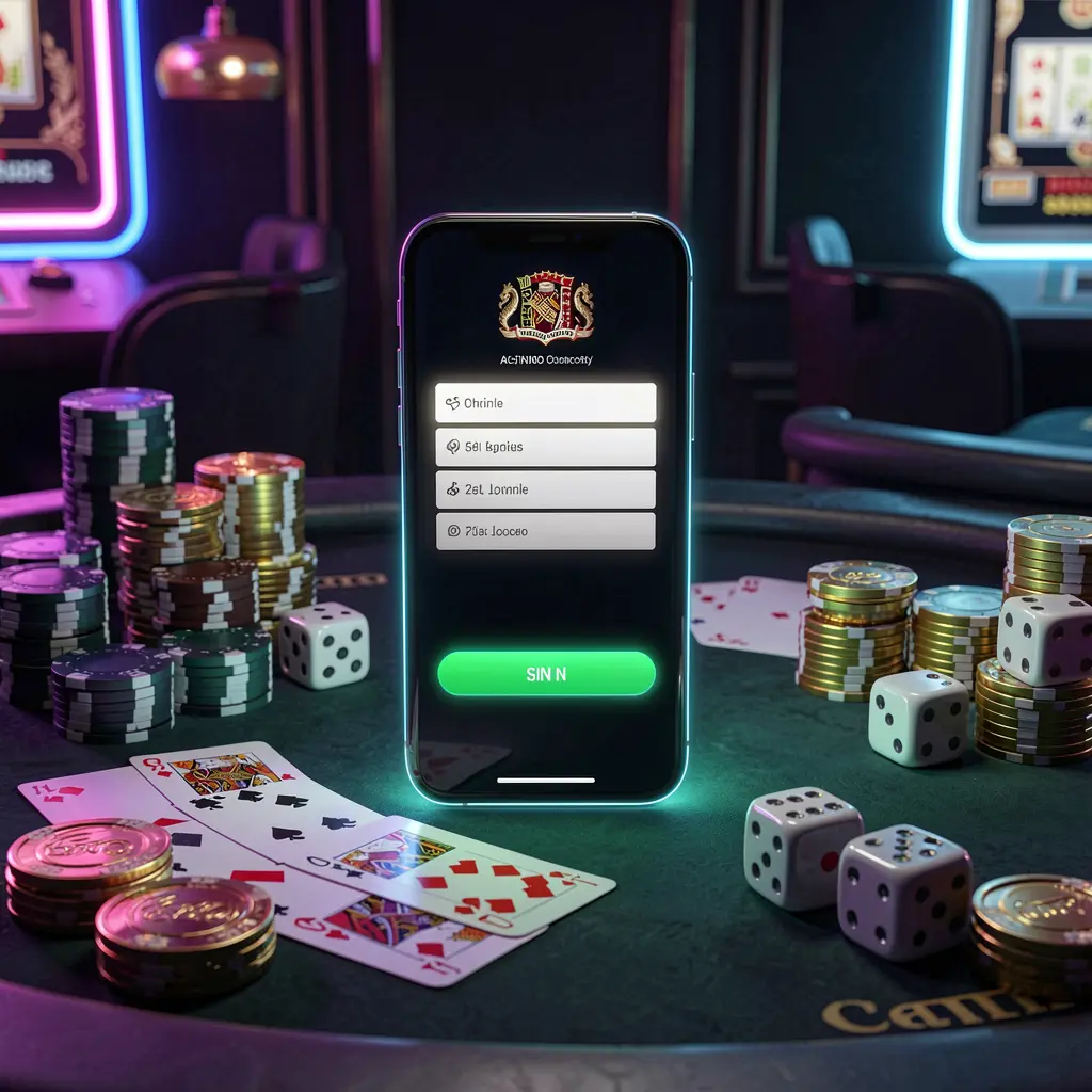 VELOWIN88 casino account sign in scene with a glowing smartphone on a casino table surrounded by cards, chips, dice, and gold coins against an elegant dark background with neon highlights