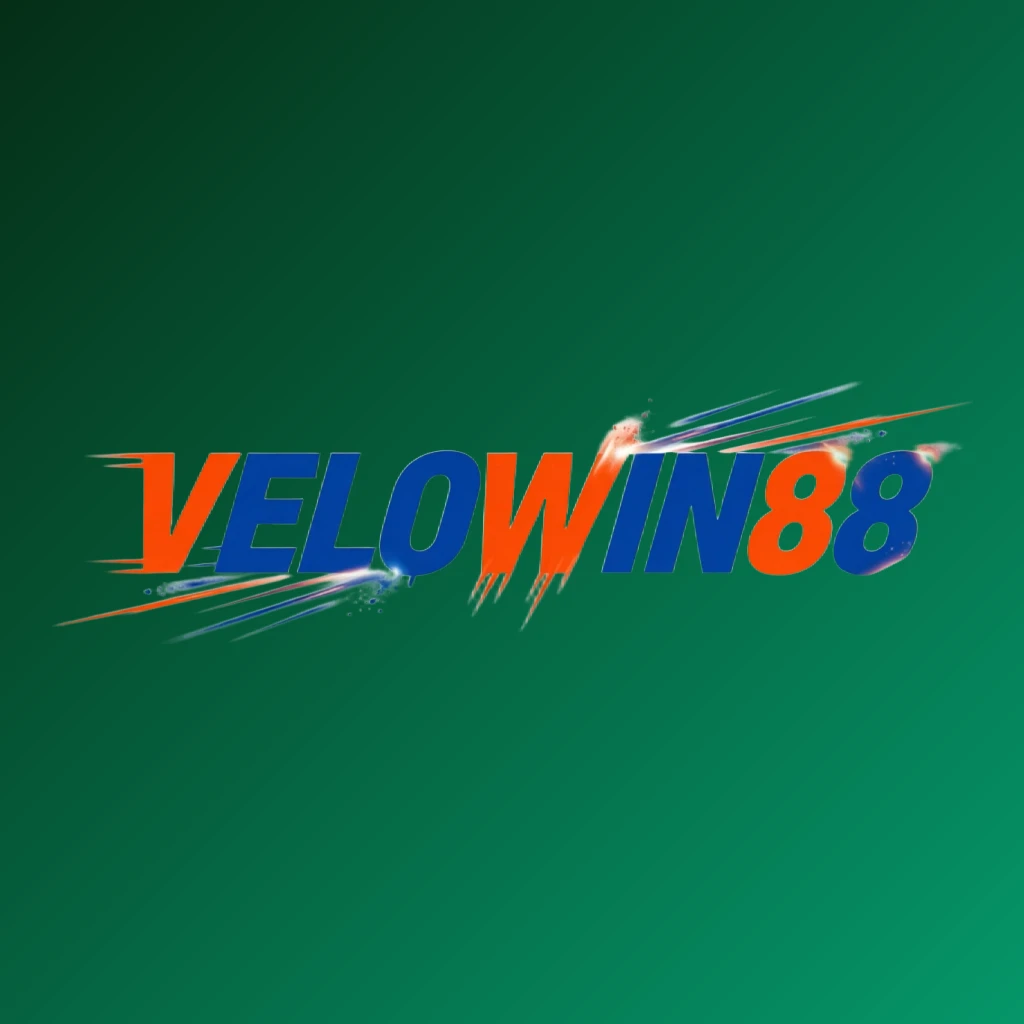 Powerful sports logo for VELOWIN88 featuring bold italic lettering in bright orange, blue, and white colors with speed lines and energetic motion effects on a transparent background, designed as a wide horizontal rectangular wordmark for a website header