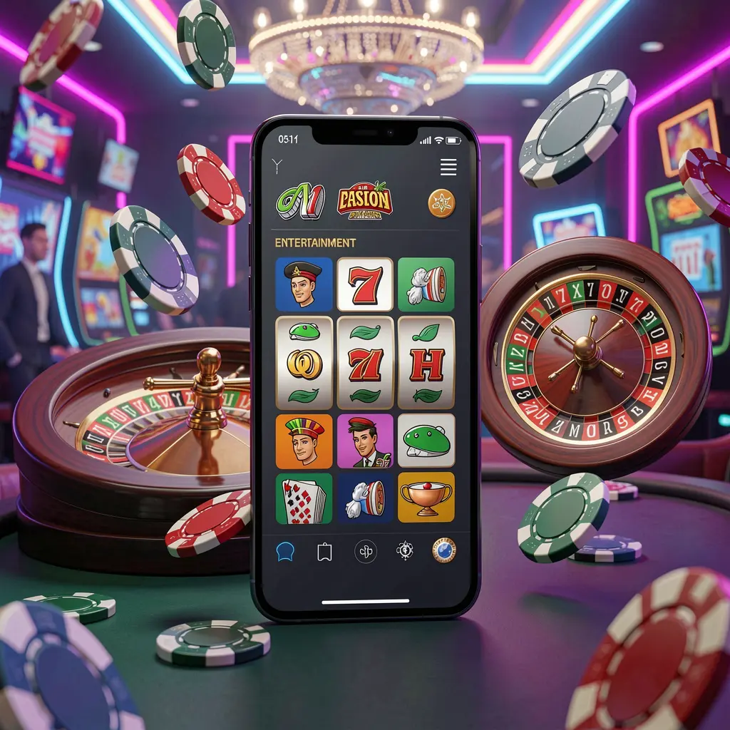 VELOWIN88 casino entertainment homepage concept featuring a modern mobile phone surrounded by floating slot symbols, roulette wheel, chips, and coins against a neon casino background in a premium 3D render